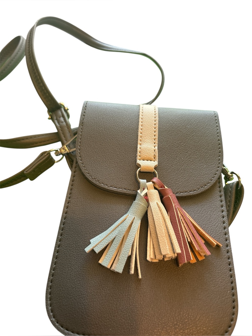 Mini Crossbody Cell Phone Purse Green Faux Leather Tassel Touch Screen Bag